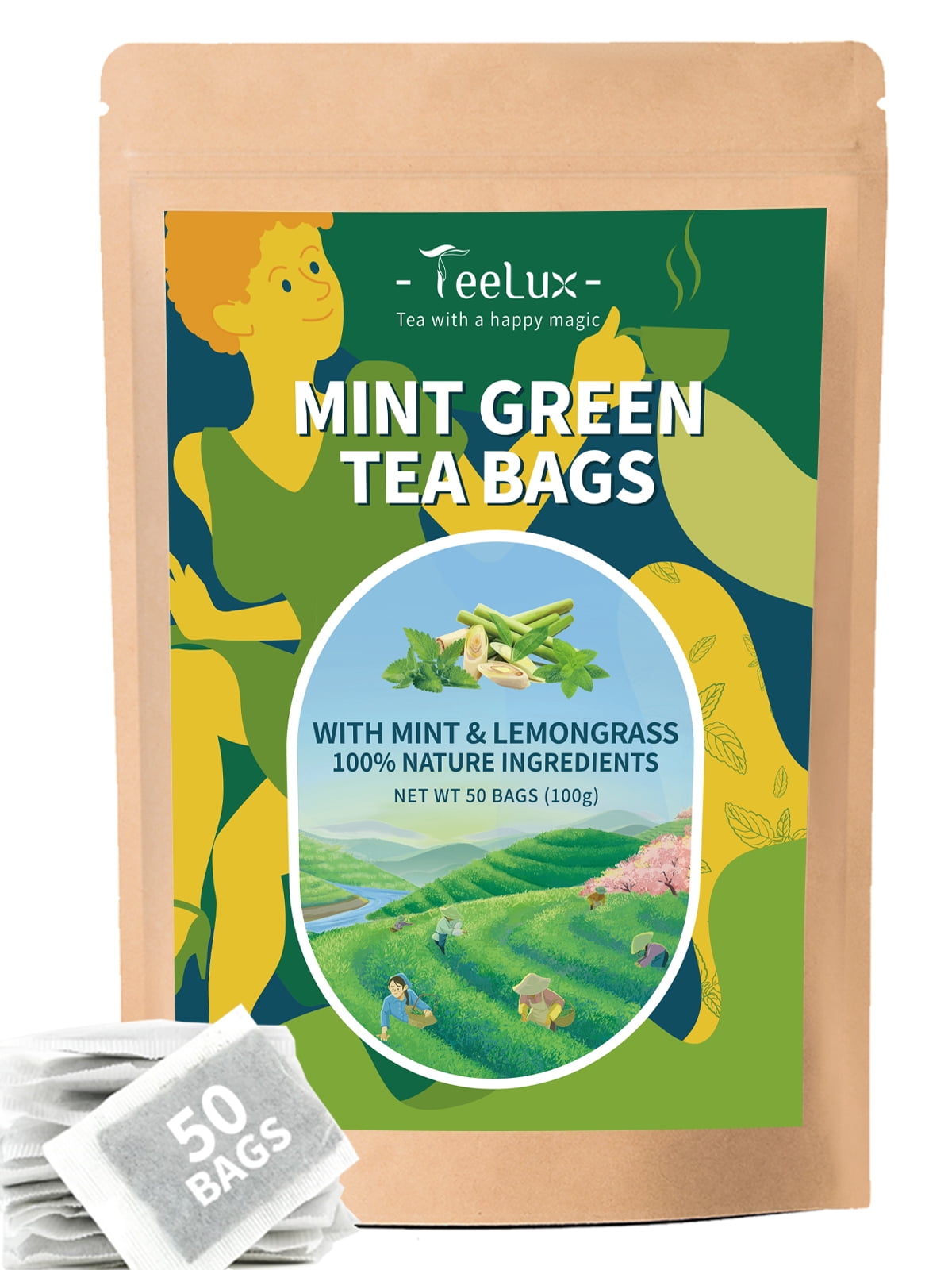 TeeLux Mint Green Tea Bags, Green Tea with Peppermint, Spearmint, and
