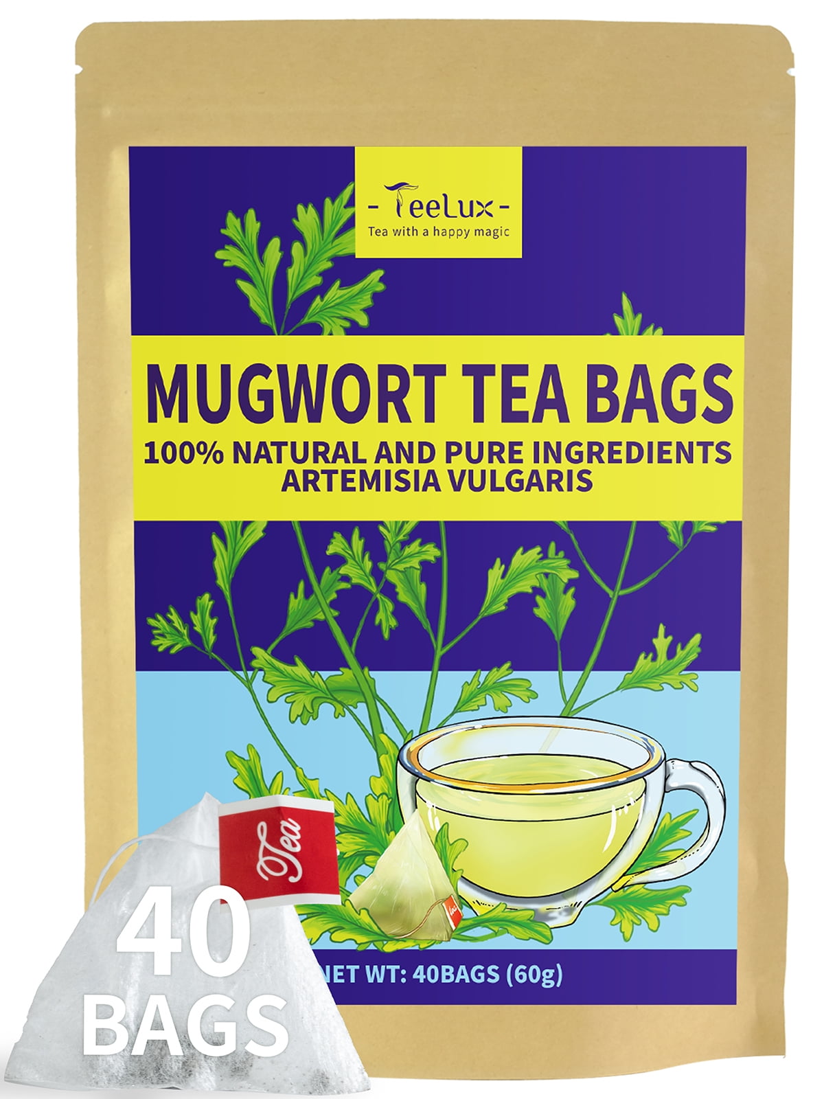 TeeLux Mugwort Tea Bags, Natural Mugwort Leaves, Caffeine Free, Dried Mugwort Herb Tea, 40 Count