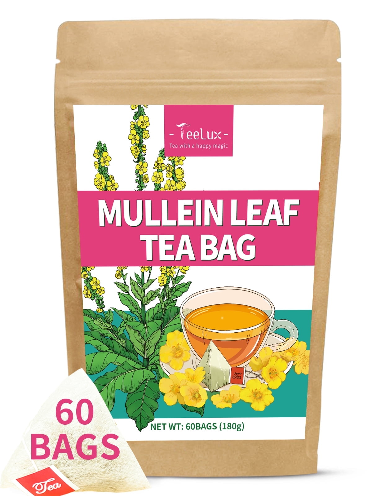 TeeLux Mullein Leaf Tea Bags, 3g/Bag, Natural Mullein Leaves, Caffeine Free, Pure Mullein Herbal Tea, 60 Count