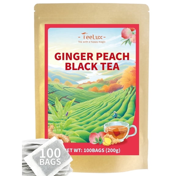 TeeLux Peach Ginger Black Tea, Brisk Black Tea with Spicy Ginger & Peach Flavor, Caffeinated, 100 Count