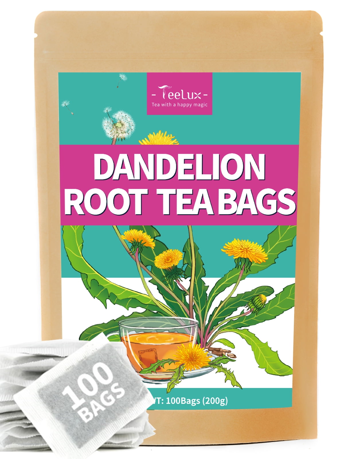 TeeLux Roasted Dandelion Root Tea Bags, Natural Dandelion Root Herbal Tea, Caffeine Free, 100
