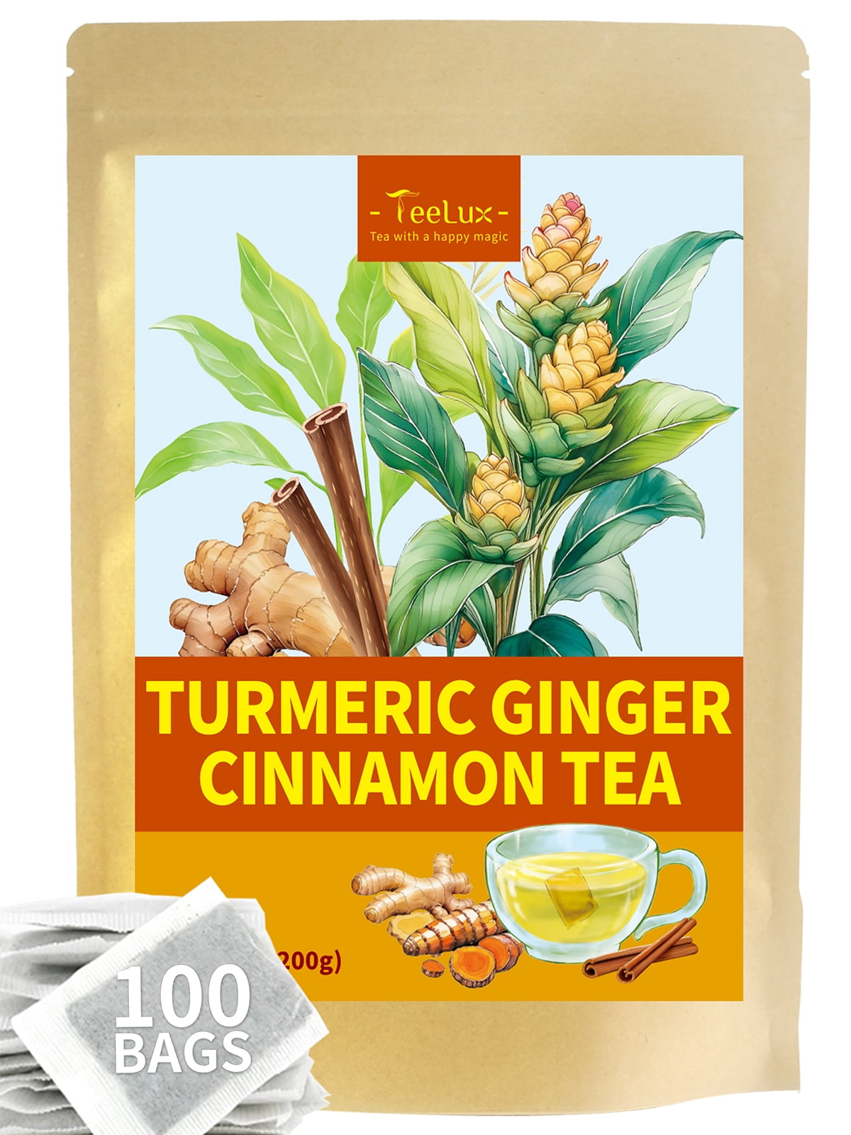 TeeLux Turmeric Ginger Cinnamon Tea, Spicy & Sweet Flavor, Caffeine Free, 100 Count