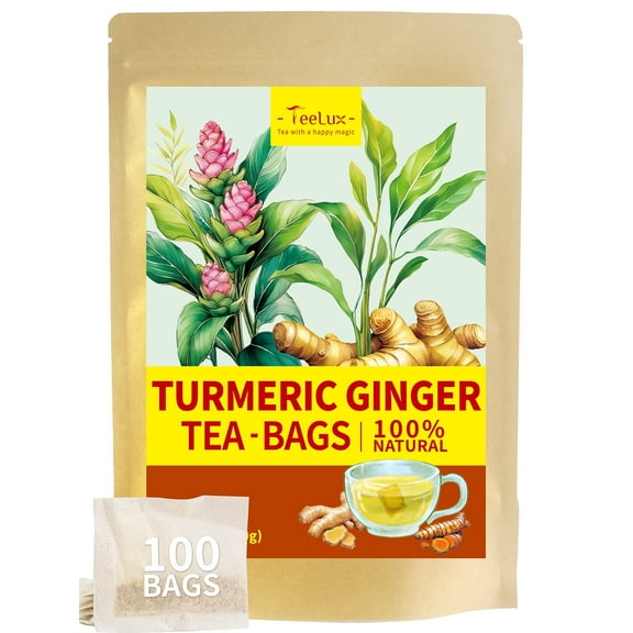 TeeLux Turmeric Ginger Tea Bags, Turmeric Ginger Herbal Tea, Spicy & Smooth Flavor, Caffeine Free, 100 Count
