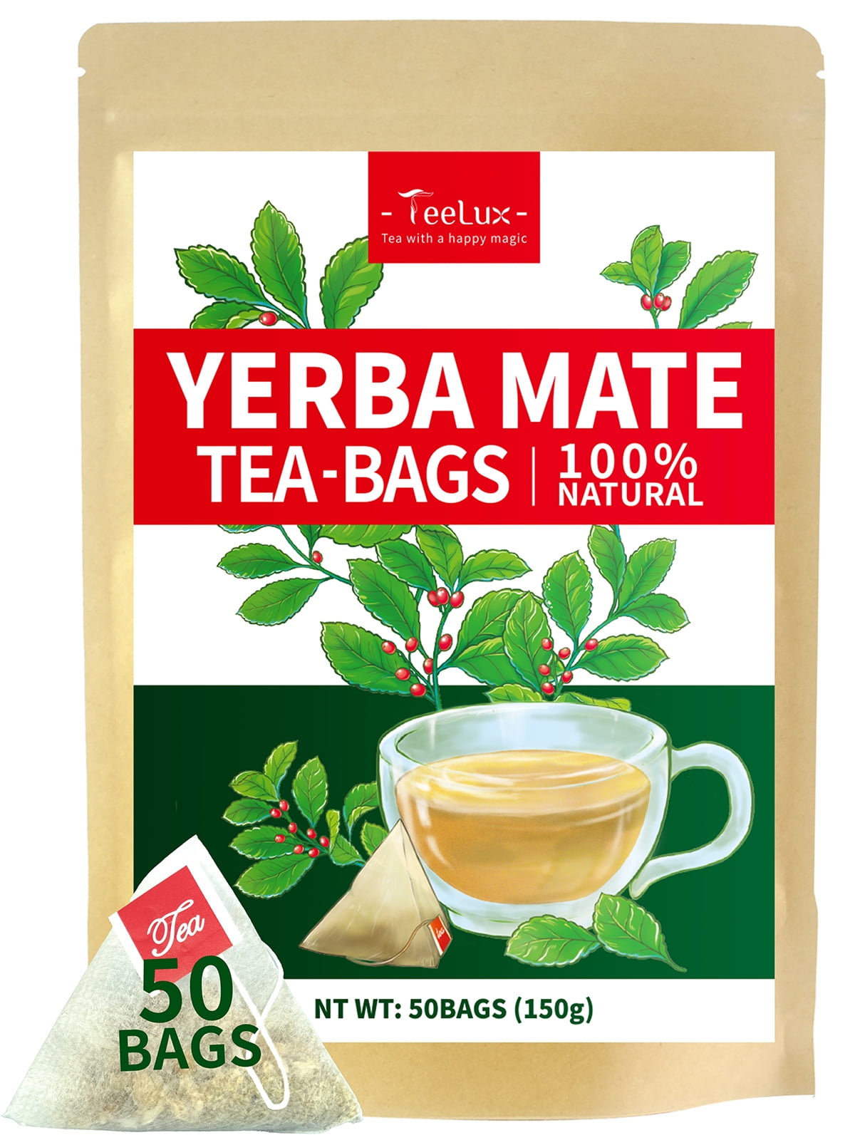 TeeLux Yerba Mate Tea Bags, 3g/bag, Unsmoked Yerba Mate Tea, Rich in Antioxidant, 50 Count