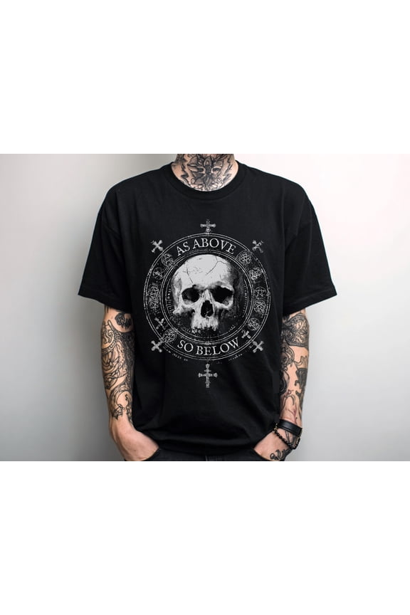 Gothic Skull T-Shirt, Unisex Punk Grunge Graphic Tee, Streetwear Goth Clothing, Alternative Emo Shirt, As Above So Below, Navy 3XL