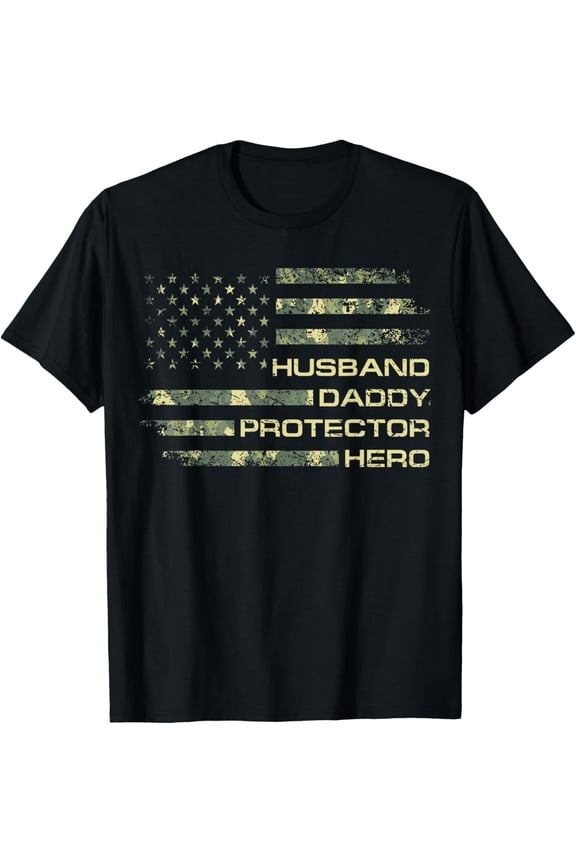 Husband Daddy Protector Hero Fathers Day Camo American Flag T-Shirt, Ash Grey S