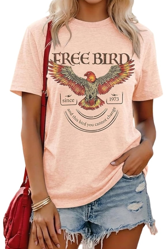 LETSEE Short Sleeve Shirts for Women Free Bird Vintage Rock Graphic Tees Casual Crewneck Tops Summer Rock Tee, White S