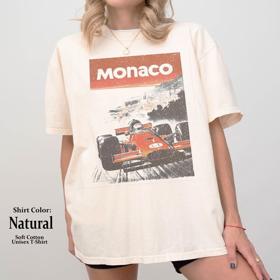 TeeMuse Monaco Racing Shirt Retro Racecar t-shirt vintage monaco tshirt race day shirts oversized tee womens racing apparel monaco italy shirt, Sand M