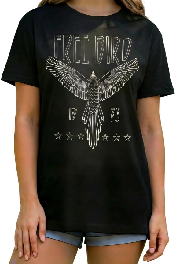 Short Sleeve Shirts for Women Free Bird Vintage Rock Graphic Tees Casual Crewneck Tops Summer Rock Tee, Ash Grey S