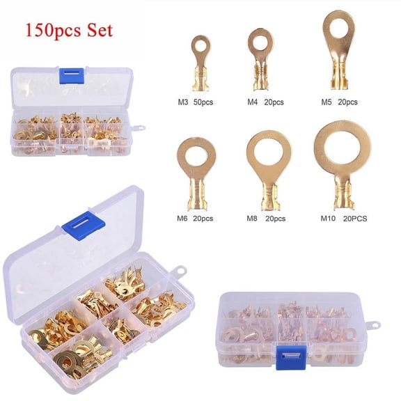 TeeRees 150Pcs Gold Brass Ring Cable Lugs Ring Copper Crimp Connector Wire Terminal Kits