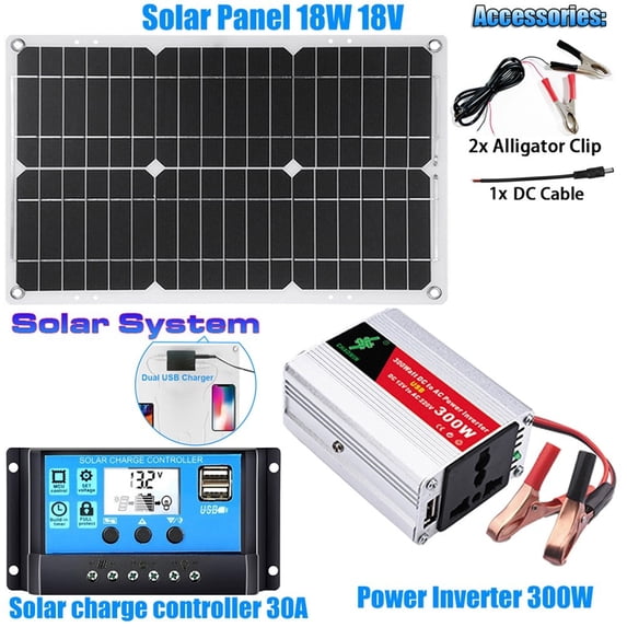 TeeRees 18W Solar Panel Kit with 300W Power Inverter and 30A Controller ...