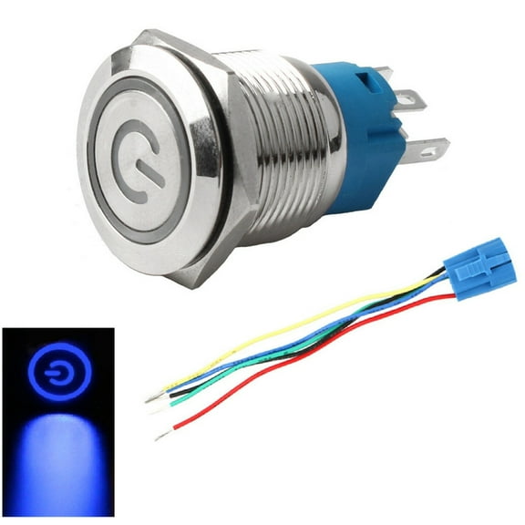 TeeRees 22mm Metal Push Button Switch with Red Power Led Ip66 Protection 12 24 Volt,Blue