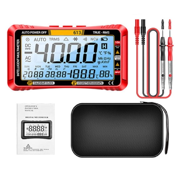 TeeRees 613 Digital Large Screen Smart Multimeter, Multifunctional Real-Time Temperature And Humidity Monitor, Voltage And Current Meter,Red