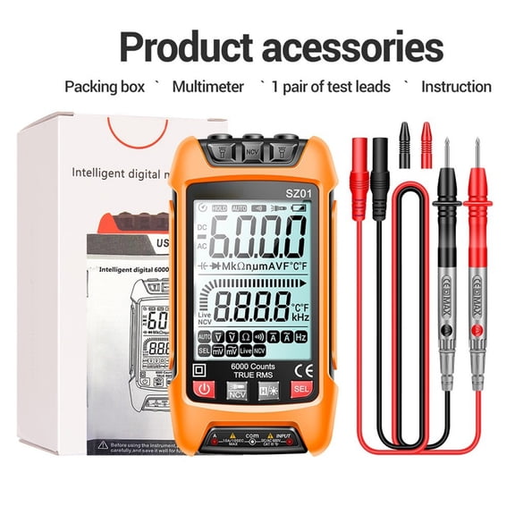 TeeRees Digital Multimeter Sz02 True Rms 6000 Counts with Easy to Read Display,Ag156,Orange-Sz01