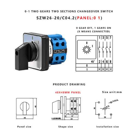 TeeRees for Multi-Purpose Changeover Switch Szw26-20/C04.2 20A 0-1 Two Position Two Section,48X48