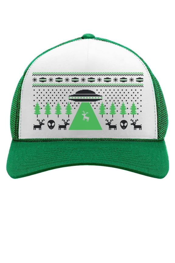 TeeStars - Alien Reindeer Abduction Ugly Christmas Trucker Hat Mesh Cap One Size green/white