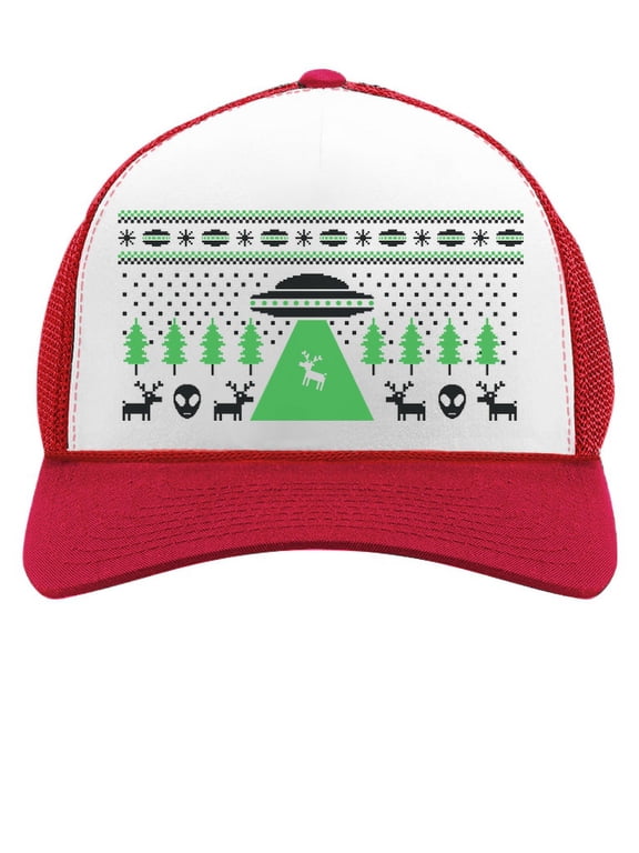 TeeStars - Alien Reindeer Abduction Ugly Christmas Trucker Hat Mesh Cap One Size red/white