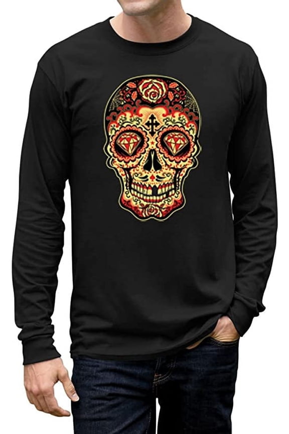 TeeStars Men's - Sugar Skull Diamond Long Sleeve T-Shirt Medium Black