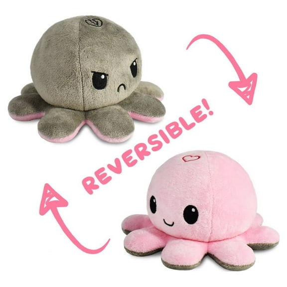 TeeTurtle | The Moody Reversible Octopus Plushie | Patented Design | Sensory Fidget Toy for Stress Relief | Light Pink + Gray | Love + Hate | Show Your Mood Without Saying a Word!