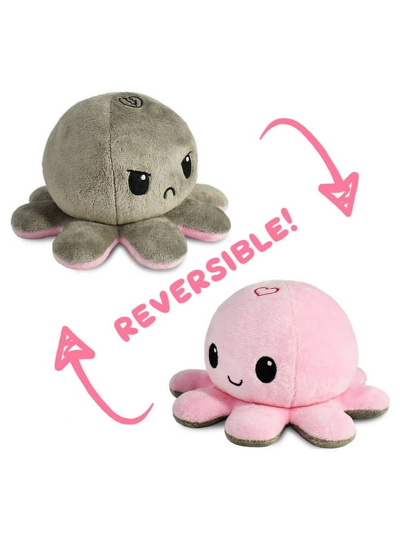 TeeTurtle | The Moody Reversible Octopus Plushie | Patented Design | Sensory Fidget Toy for Stress Relief | Light Pink + Gray | Love + Hate | Show Your Mood Without Saying a Word!