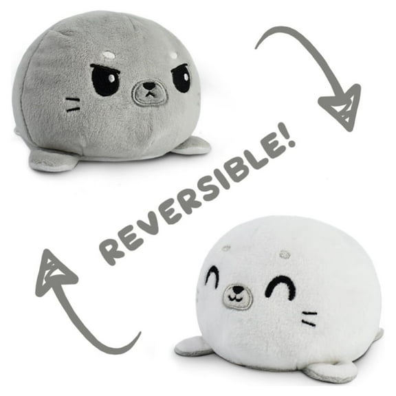TeeTurtle | The Moody Reversible Seal Plushie | Patented Design | Sensory Fidget Toy for Stress Relief | Gray + White | Happy + Angry | Show Your Mood Without Saying a Word!