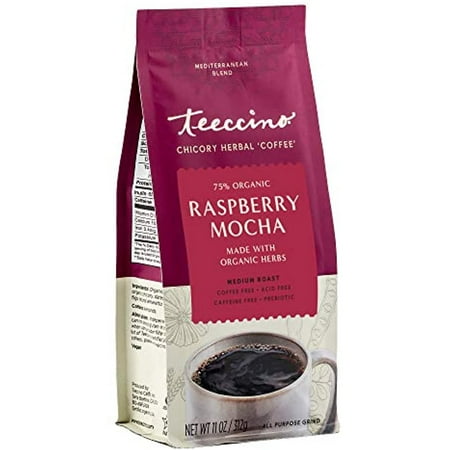 Teeccino Chicory Coffee Alternative  Raspberry Mocha  Ground Herbal Coffee ThatS Prebiotic, Caffeine Free & Acid Free, Dark Roast, 11 Ounce