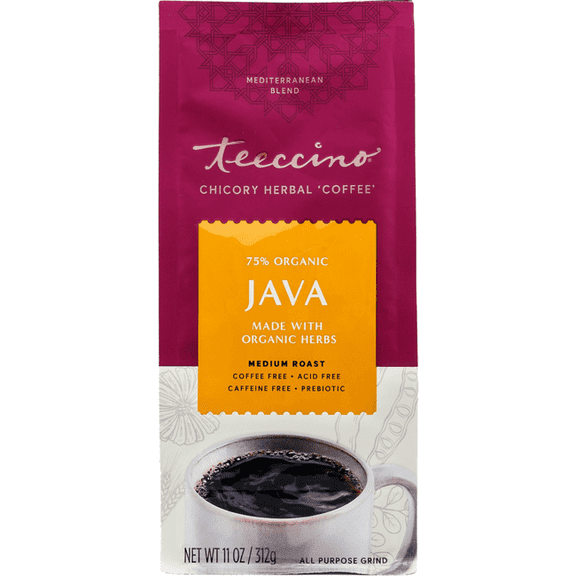 Teeccino Java Chicory Coffee Alternative - Ground Herbal Coffee That’s Prebiotic, Caffeine Free & Acid Free, Medium Roast, 11 Ounce