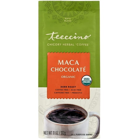Teeccino Maca Chocolaté Chicory Coffee Alternative - Ground Herbal Coffee That’s Prebiotic, Caffeine Free & Acid Free, Dark Roast, 11 Ounce