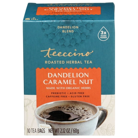 Teeccino Dandelion Caramel Nut Herbal Coffee - 10 bags per pack -- 6 packs per case.