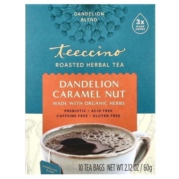 Teeccino Dandelion Caramel Nut Tea - Caffeine Free, Roasted Herbal Tea with Prebiotics, 3x More Herbs than Regular Tea Bags, Gluten Free - 10 Tea Bags