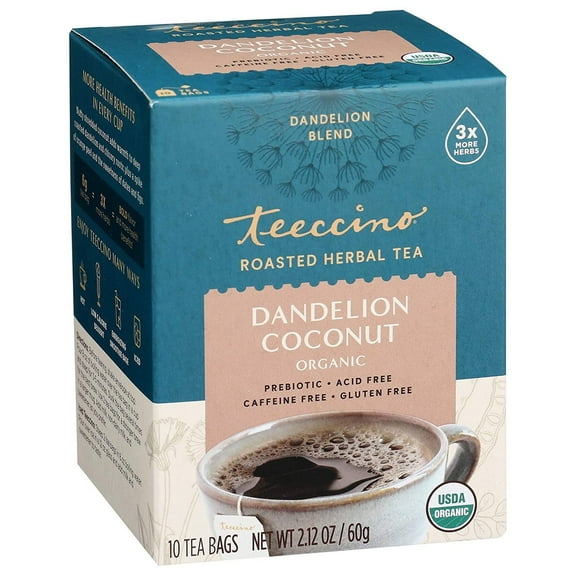 Teeccino Dandelion Coconut Tea, 10 Tea Bags - Caffeine Free, Roasted Herbal Tea with Prebiotics