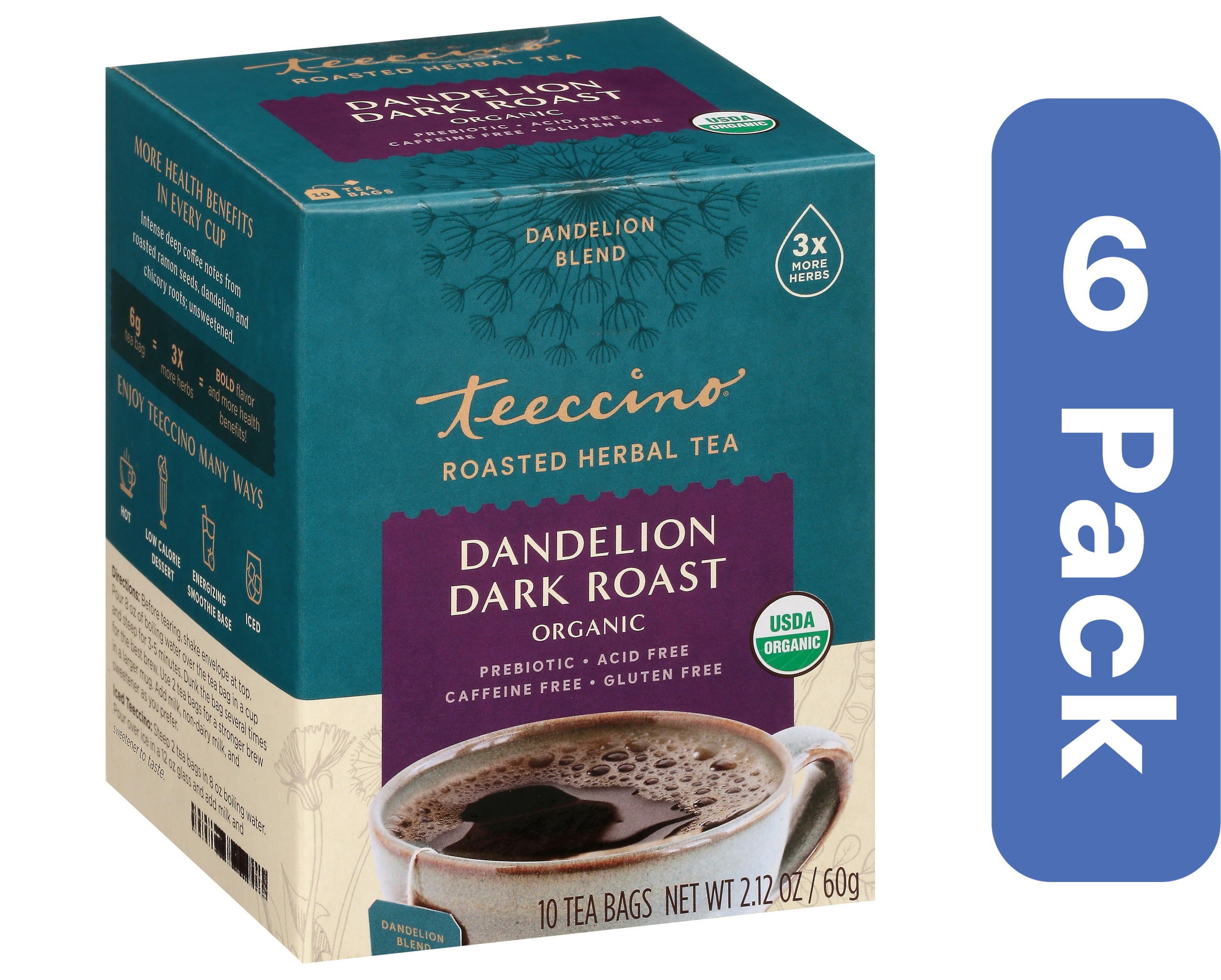 Teeccino Dandelion Dark Roast Single Serve Tea 10 Bags (Pack Of 6 ...