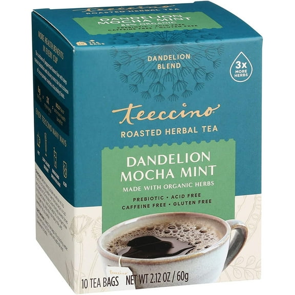 Teeccino Dandelion Mocha Mint Tea, 10 Tea Bags - Caffeine Free, Roasted Herbal Tea with Prebiotics
