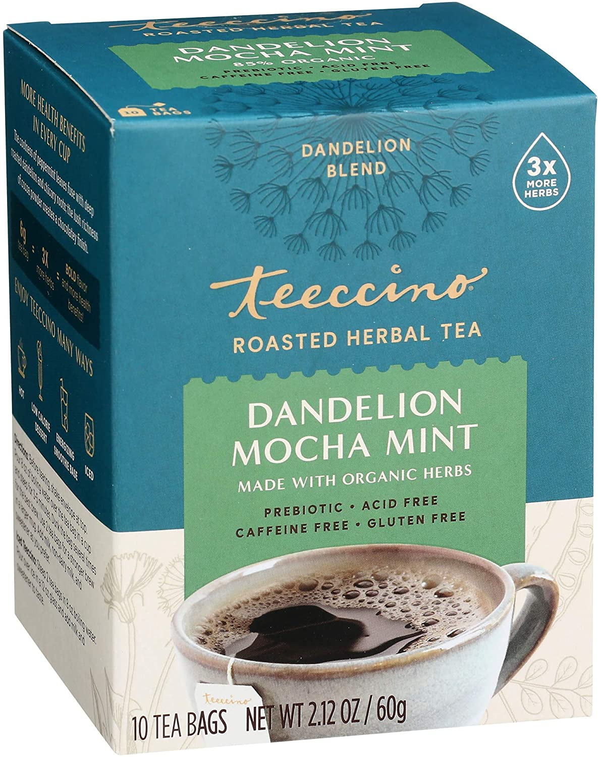 Teeccino Dandelion Mocha Mint Tea Caffeine Free, Roasted Herbal Tea with Prebiotics, 3x More