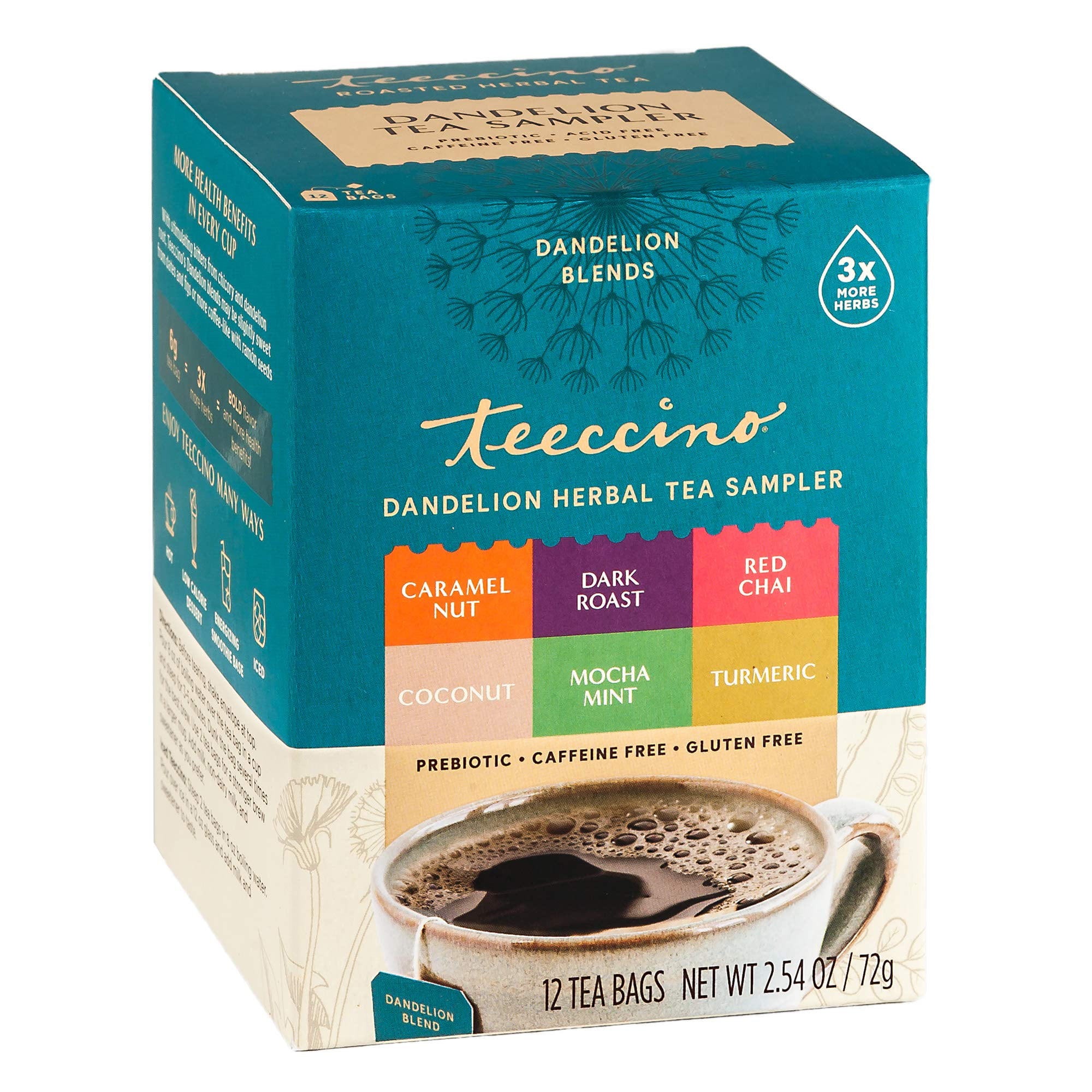 Teeccino Dandelion Tea Sampler  Caramel, Coconut, Dark Roast, Mocha Mint, Red Chai, Turmeric  Roasted Herbal Tea Thats Caffeine Free & Prebiotic with Detoxifying Dandelion, 12 Tea Bags