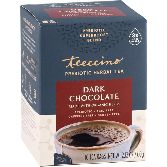 Teeccino Herbal Tea Dark Chocolate Prebiotic Superboost - 10 Tea Bags Pack of 2