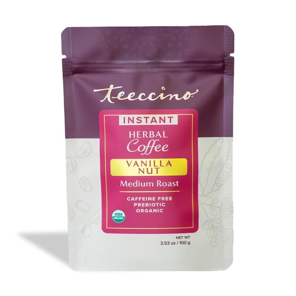 Teeccino Instant Organic Vanilla Nut Herbal Coffee 33 servings Instant Chicory Coffee Alternative with Creamy Vanilla Slightly Sweetened by Dates - 3.5 ounces