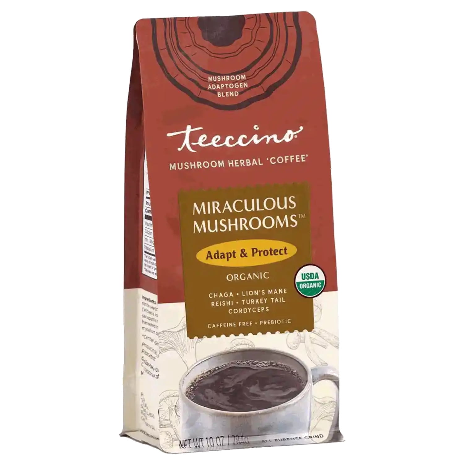 Teeccino Miraculous Mushrooms Adapt & Protect Coffee Alternative, 10 Oz – 5 Organic Adaptogenic Mushrooms with Chicory & Cacao