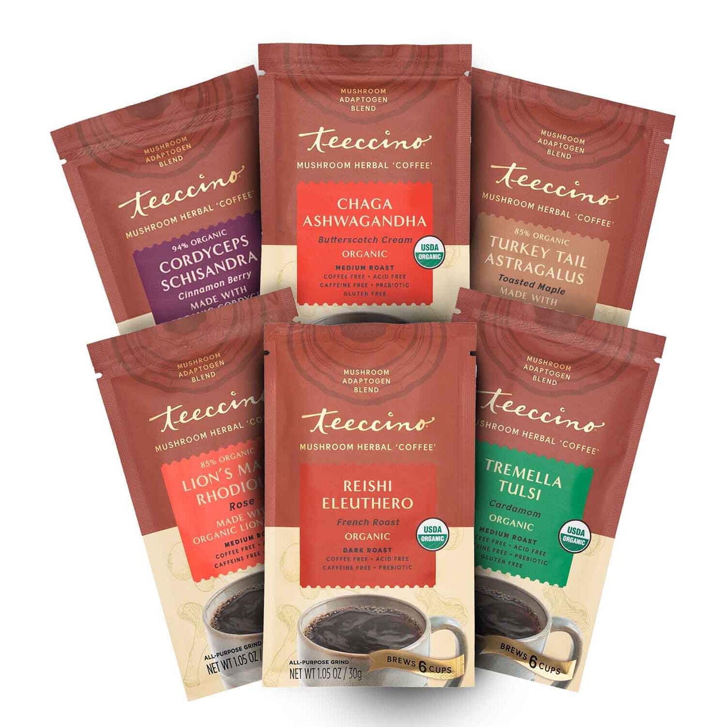 Teeccino Mushroom Adaptogen Herbal Coffee Sampler - 6 Trial-Size Packets, Medium Roast, Caffeine Free, Prebiotic