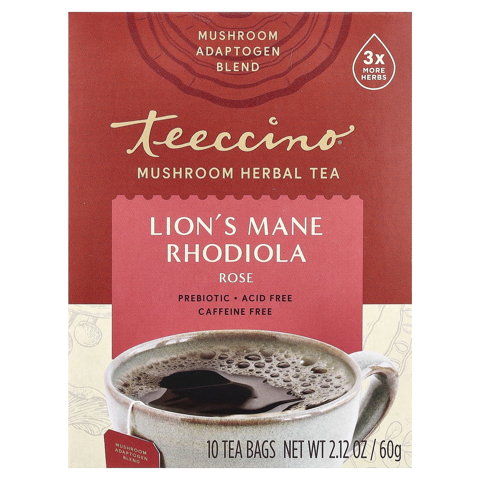 Teeccino Mushroom Herbal Tea, Lion's Mane Rhodiola, Rose, Caffeine Free, 10 Tea Bags, 2.12 oz (60 g)