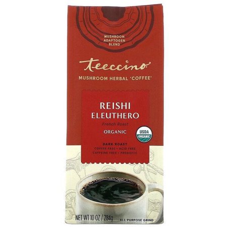 Teeccino, Mushroom Herbal Coffee, Reishi Eleuthero, Dark Roast, Caffeine Free, 10 oz Pack of 4