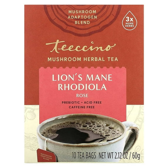 Teeccino, Mushroom Herbal Tea, Lion's Mane Rhodiola, Rose, Caffeine Free, 10 Tea Bags, 2.12 oz Pack of 2