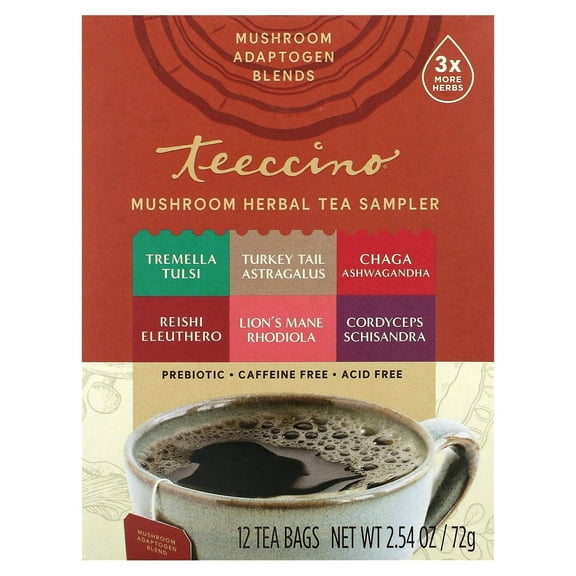 Teeccino Mushroom Herbal Tea - Mushroom Adaptogen Tea Sampler, 12 Tea Bags - Support Your Health With Mushrooms and Adaptogenic Herbs, Prebiotic