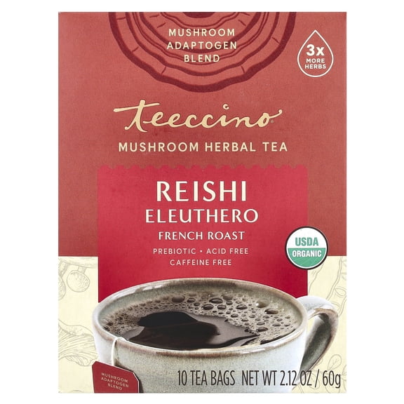 Teeccino Mushroom Herbal Tea, Reishi Eleuthero, French Roast, Caffeine Free, 10 Tea Bags, 2.12 oz (60 g)