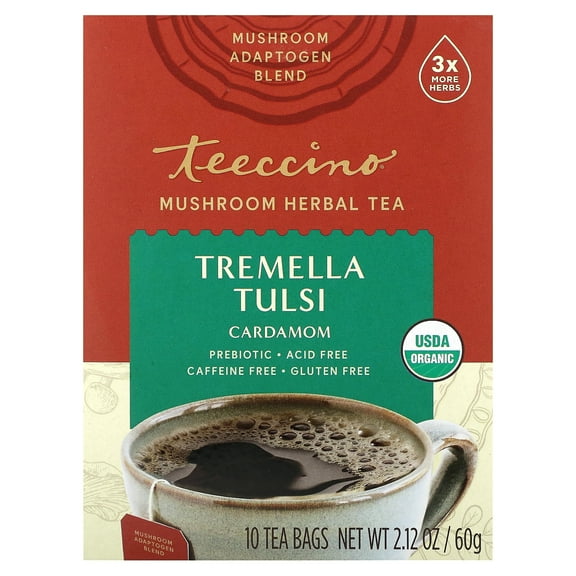 Teeccino Mushroom Herbal Tea, Tremella Tulsi, Cardamom, Caffeine Free, 10 Tea Bags, 2.12 oz (60 g)