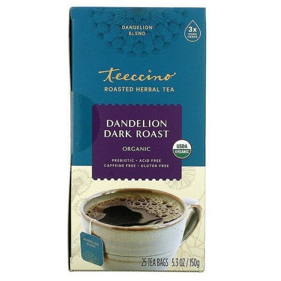Teeccino, Organic Roasted Herbal Tea, Dandelion Dark Roast, Caffeine Free, 25 Tea Bags, 5.3 oz Pack of 4