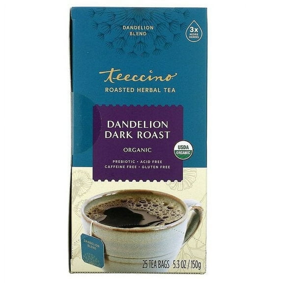 Teeccino, Organic Roasted Herbal Tea, Dandelion Dark Roast, Caffeine Free, 25 Tea Bags, 5.3 oz
