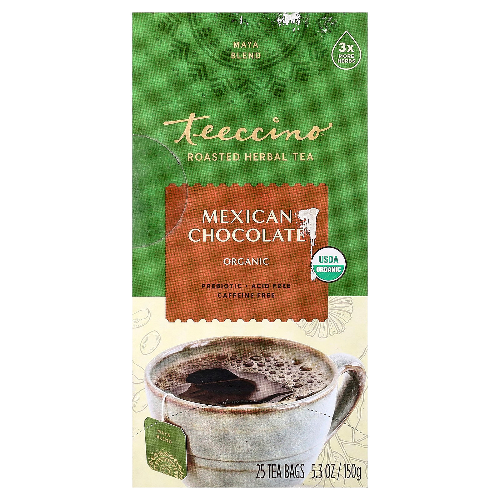 Teeccino Organic Roasted Herbal Tea, Mexican Chocolate, Caffeine Free, 25 Tea Bags, 5.3 oz (150 g)