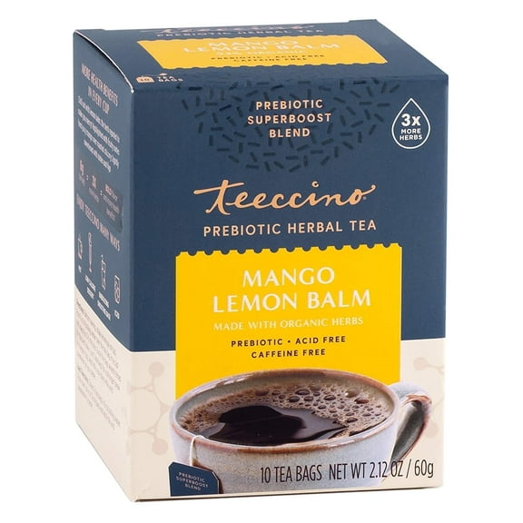 Teeccino Prebiotic Herbal Tea Mango Lemon Balm - 10 Tea Bags Pack of 4