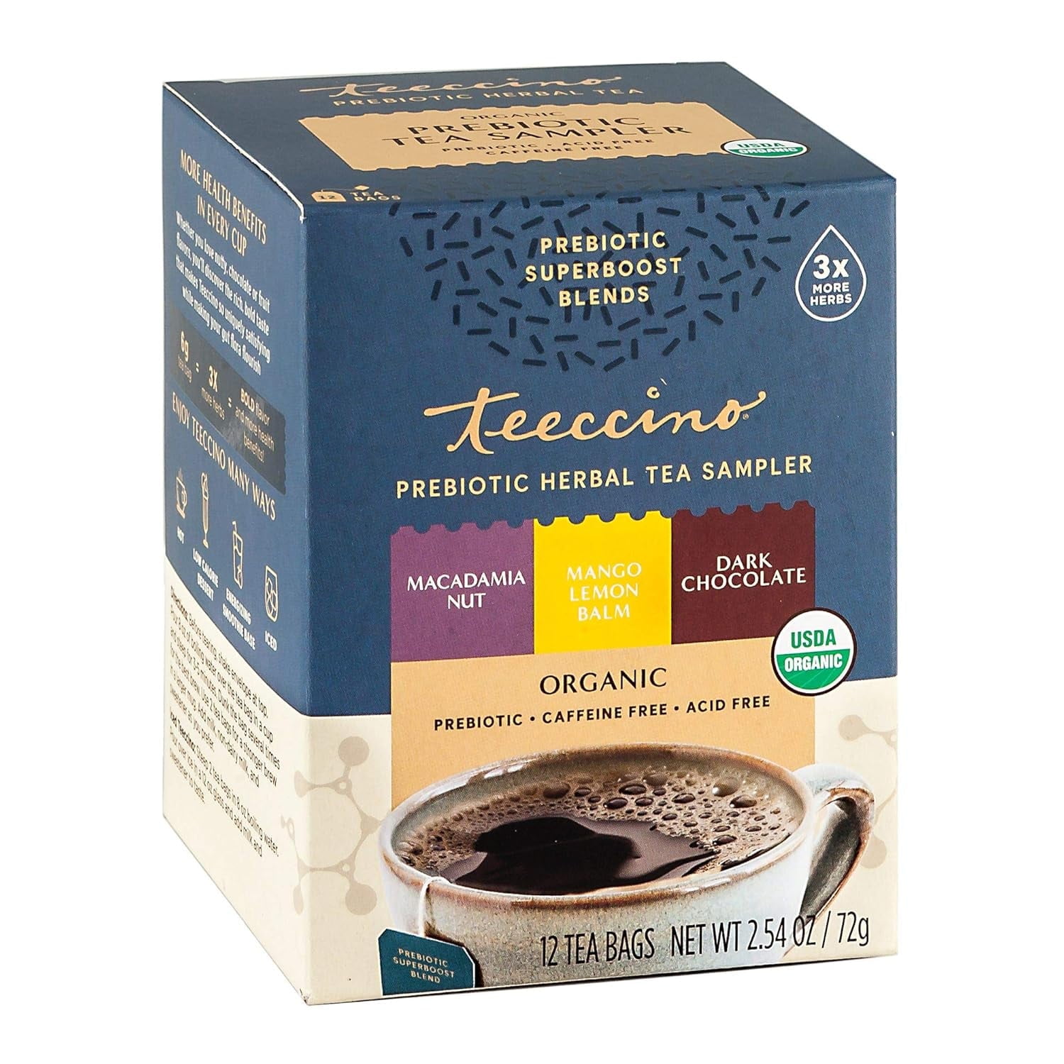 Teeccino Prebiotic Herbal Tea - Prebiotic SuperBoost Tea Sampler - Support Your Probiotics with Vegan GOS & Organic XOS For Good Gut Health, 12 Tea Bags